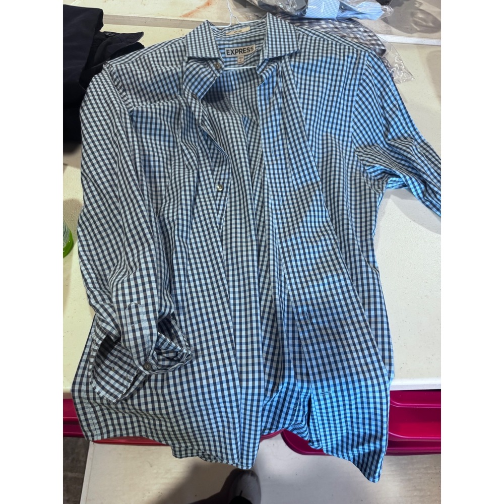 Express Mens Fitted Gingham Dress Shirt Blue Navy Check Long Sleeve L 16-16.5
